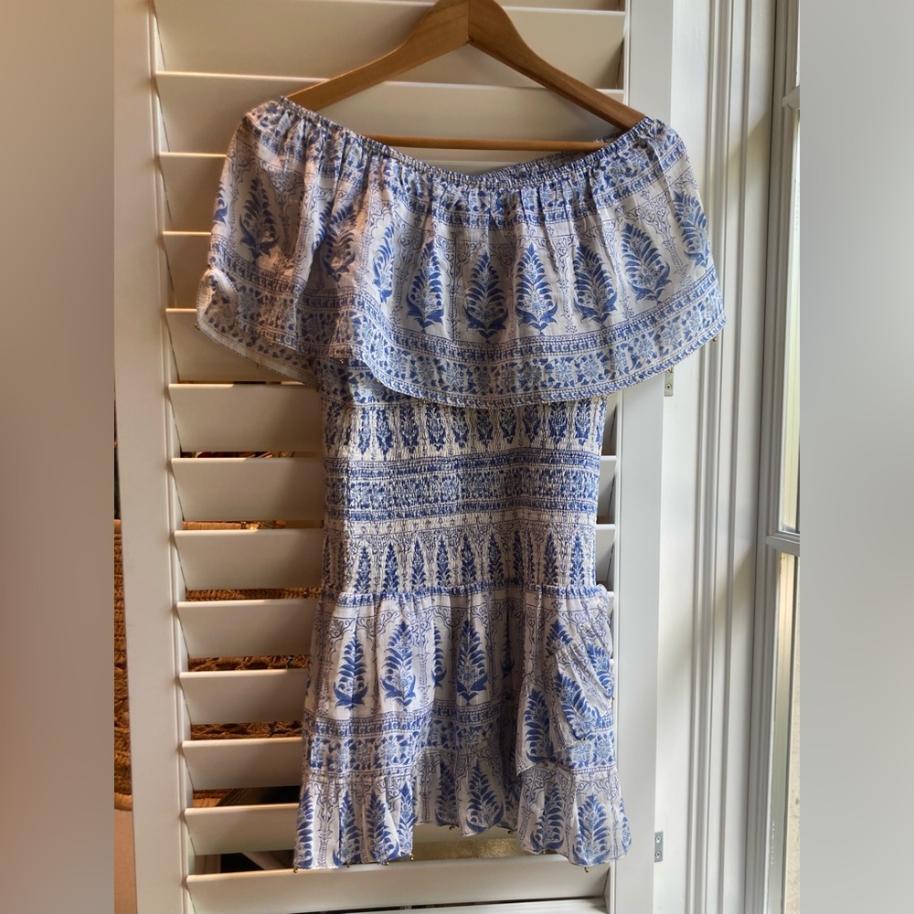 Bell by Alicia Bell Off shoulder Smocked Blue White Dress